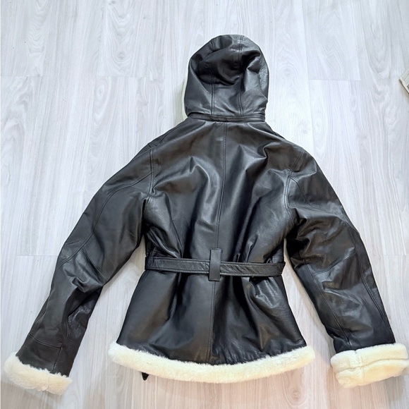 NEW!! Vintage Wilda Genuine Leather Shearling Hooded Belted Jacket Coat Black XL - Picture 2 of 7